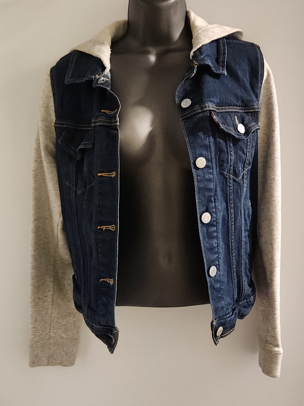 Levi's Navy Denim Jacket with Light Gray Hoodie Sleeves